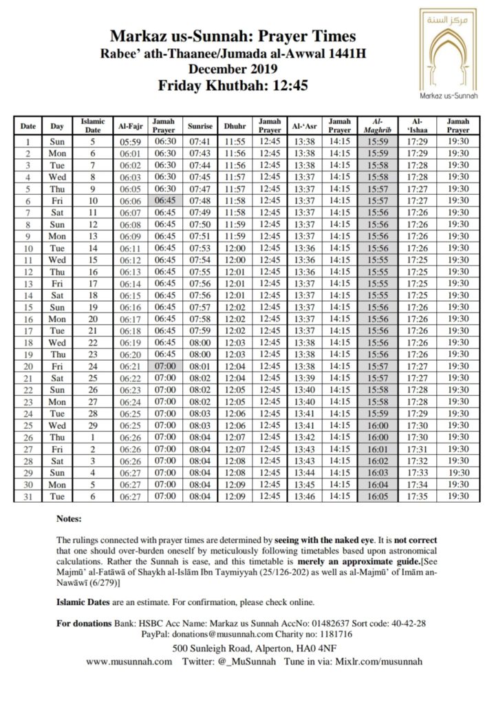 Prayer Timetable – Markaz us-Sunnah