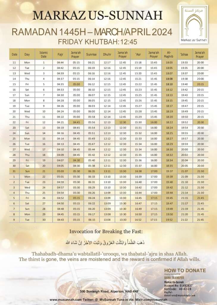 Prayer Timetable – Markaz us-Sunnah